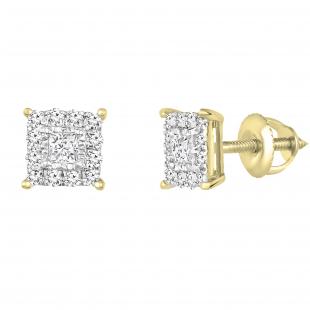 0.25 Carat (ctw) Princess & Round Diamond Ladies Square Shape Stud Earrings 1/4 CT 10K Yellow Gold
