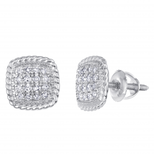 0.15 Carat (Ctw) Round White Diamond Ladies Rope Style Cushion Shaped Stud Earrings Sterling Silver