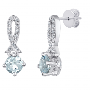 5 mm Each Round Aquamarine and Diamond Ladies Frame Awareness Ribbon Drop Earrings, 14K White Gold