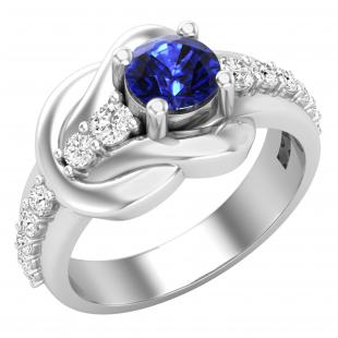 5.5 MM Round Blue Sapphire & White Diamond Ladies Bridal Engagement Promise Ring Sterling Silver
