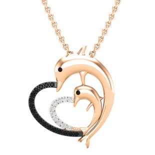 0.15 Carat (ctw) Round White & Black Diamond Ladies Dolphin Heart Pendant 10K Rose Gold