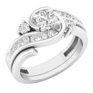 0.85 Carat (ctw) Round Diamond Ladies Swirl Engagement Ring With Matching Band Set Sterling Silver