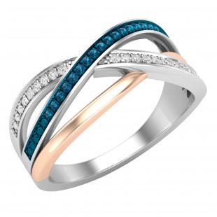 0.10 Carat (ctw) Blue & White Diamond Crossover Ring 1/10 CT Rose Gold Plated Sterling Silver