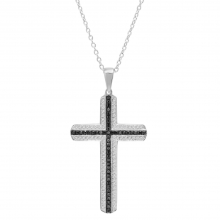 0.50 Carat (ctw) Round Black & White Diamond Mens Religious Cross Pendant 1/2 CT Sterling Silver