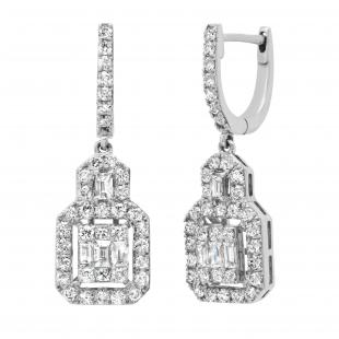 1.54 Carat (ctw) Baguette Princess & Round White Diamond Drop Earrings 1 1/2 CT 10K White Gold