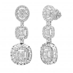 2.02 Carat (ctw) Round & Baguette White Diamond Ladies Dangling Drop Earrings 18K White Gold