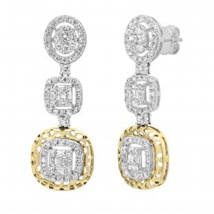 2.02 Carat (ctw) Round & Baguette Diamond Ladies Dangling Drop Earrings 18K White & Yellow Gold