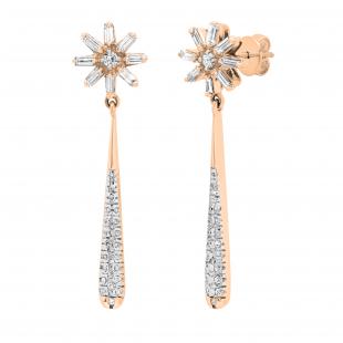 1.61 Carat (ctw) Round & Baguette Diamond Ladies Starburst Dangling Drop Earrings 14K Rose Gold