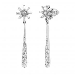 1.61 Carat (ctw) Round & Baguette Diamond Ladies Starburst Dangling Drop Earrings 14K White Gold