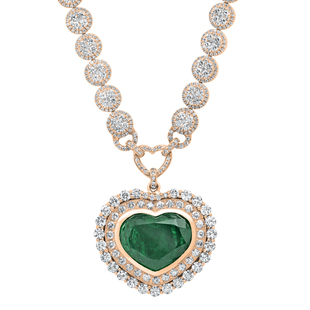 Heart Colombian Emerald & Round White Diamond Ladies Halo Style Necklace 18K Rose Gold