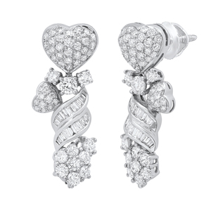 5.77 Carat (ctw) Round & Baguette White Diamond Ladies Heart Swirl Drop Earrings 14K White Gold