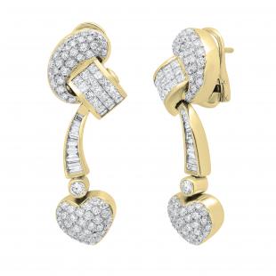 4.94 Carat (ctw) Round Princess & Baguette Diamond Ladies Heart Drop Earrings 10K Yellow Gold