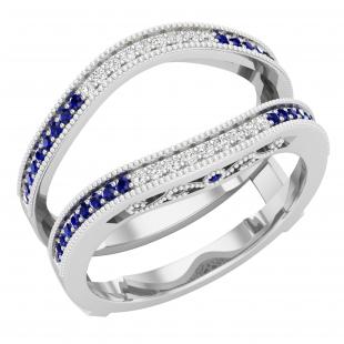 Round Blue Sapphire & White Diamond Ladies Wedding Band Enhancer Guard Ring Sterling Silver
