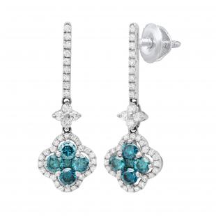 1.18 Carat (ctw) Round Blue & White Diamond Ladies Cluster Drop Dangle Earrings 10K White Gold