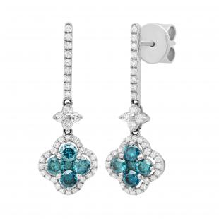 1.18 Carat (ctw) Round Blue & White Diamond Ladies Cluster Drop Dangle Earrings 14K White Gold