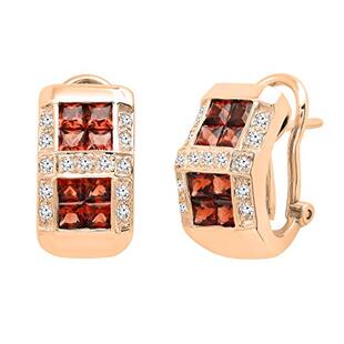 2.5 mm Princess Garnet & Round White Diamond Ladies Fashion Hoop Earrings 14K Rose Gold
