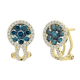1.22 Carat (ctw) Round Blue & White Diamond Ladies Cluster Hoop Earrings 1 1/4 CT 18K Yellow Gold