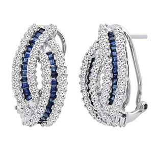 Princess Blue Sapphire & Round White Diamond Ladies Fashion Hoop Earrings 14K White Gold