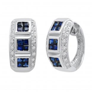 Princess Blue Sapphire & Round White Diamond Ladies Fashion Hoop Earrings 14K White Gold
