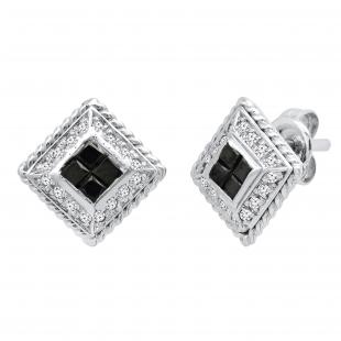 0.83 Carat (ctw) Princess Black & Round White Diamond Ladies Stud Earrings 3/4 CT 14K White Gold