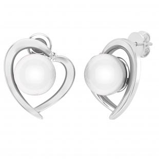 8 mm Each Round White Freshwater Pearl & White Diamond Ladies Heart Stud Earrings 14K White Gold