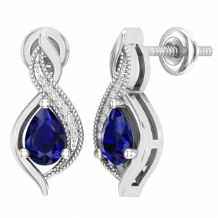 6X4 mm Pear Blue Sapphire & Round White Diamond Ladies Swirl Drop Earrings 14K White Gold