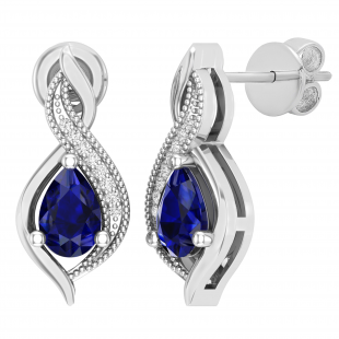 6X4 mm Pear Blue Sapphire & Round White Diamond Ladies Swirl Drop Earrings Sterling Silver