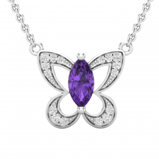8X4 MM Marquise Amethyst & Round White Diamond Ladies Butterfly Pendant, Sterling Silver