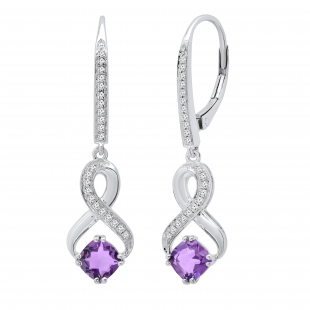5 MM Each Cushion Amethyst & Round Diamond Ladies Infinity Dangling Drop Earrings Sterling Silver