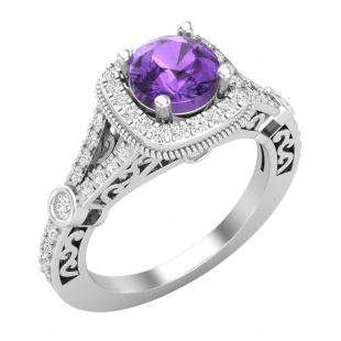 6 MM Round Amethyst & White Diamond Halo Style Split Shank Ladies Engagement Ring 10K White Gold