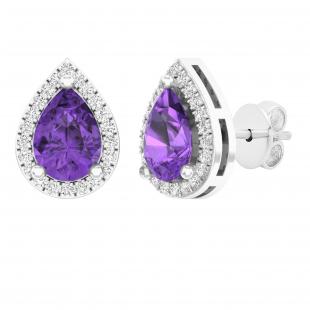 7X5 MM Each Pear Amethyst & Round White Diamond Halo Style Ladies Teardrop Stud Earrings 14K White Gold
