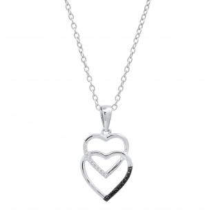 0.08 Carat (ctw) Round Black & White Diamond Ladies Double Heart Love Drop Pendant Sterling Silver