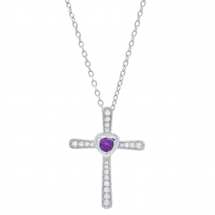 3.5 mm Round Amethyst & White Diamond Ladies Heart Cross Religious Pendant, Sterling Silver