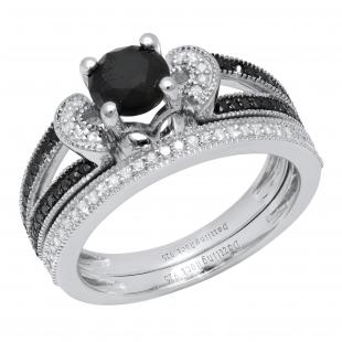 1.40 Carat (ctw) Round Black & White Diamond Ladies Split Shank Wedding Ring Set Sterling Silver