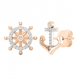 0.10 Ctw Round White Diamond Anchor & Wheel Mismatch Stud Earrings for Her in 18K Solid Rose Gold, Push Back