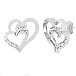 0.03 Carat (ctw) Round White Diamond Ladies Double Heart Stud Earrings 10K White Gold