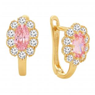 6X4mm Each Oval Pink & 1.5mm Round White CZ Ladies Cluster Hoop Earrings 14K Yellow Gold