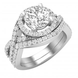 Round White Cubic Zirconia Ladies Halo Style Twist Split Shank Engagement Ring Set Sterling Silver