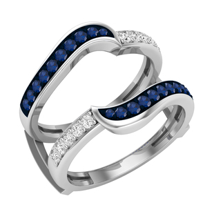 Round Blue Sapphire & White Diamond Knott Wedding Band Enhancer Guard Ring in 10K White Gold
