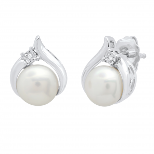 6 mm Round Freshwater Pearl Ladies Stud Earrings with Diamond Accents 925 Sterling Silver