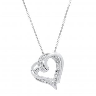 0.11 Carat (ctw) Round White Diamond Ladies Interlocking Heart Pendant Sterling Silver