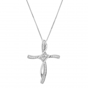 0.11 Carat (ctw) Round White Diamond Ladies Bypass Cross Pendant Sterling Silver