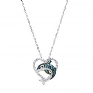 0.18 Carat (ctw) Round White Blue & Black Diamond Ladies Dolphin Heart Pendant Sterling Silver