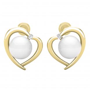 8 MM Each Round White Freshwater Pearl & Diamond Ladies Heart Stud Earrings 14K Yellow Gold