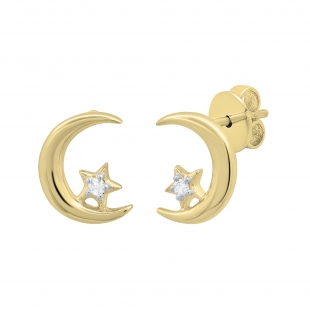0.02 Carat (ctw) Round White Diamond Ladies Crescent Moon and Star Stud Earrings 18K Yellow Gold
