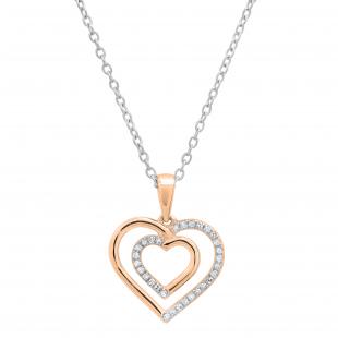 0.10 Carat (ctw) Round White Diamond Ladies Double Heart Pendant 1/10 CT 14K Rose Gold