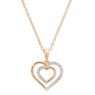 0.10 Carat (ctw) Round White Diamond Ladies Double Heart Pendant 1/10 CT 14K Rose Gold