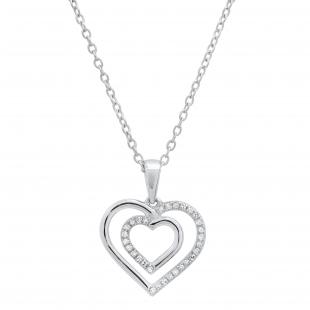0.10 Carat (ctw) Round White Diamond Ladies Double Heart Pendant 1/10 CT Sterling Silver