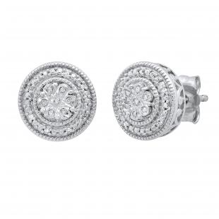 0.05 Carat (ctw) Round White Diamond Ladies Cluster Style Flower Stud Earrings Sterling Silver