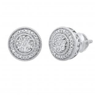 0.05 Carat (ctw) Round White Diamond Ladies Cluster Style Flower Stud Earrings Sterling Silver